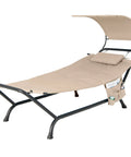 Beige Hanging Hammock Chair With Stand And Canopy For Patio Chillin Cushions And Pillow Included Storage Bag Heavy Duty Swing Bed