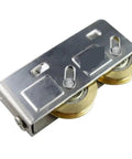 Rock Solid No Fuss Sliding Cabinet Door Rollers Four Piece Stainless Steel Cup Pulley Fittings close-up view of pulleys and bracket.