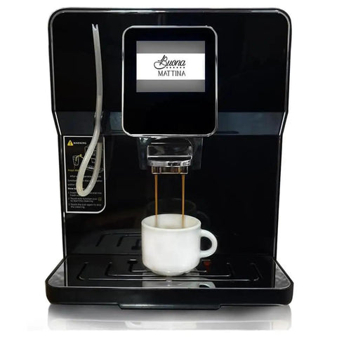Kickstart Your Daily Java With This Slick Super Automatic Espresso Machine Featuring A Bpa Free Design Built In Grinder Responsive Touch Screen And Breeze To Clean Operation For Flawless Barista Level Shots In Matte Black, brewing espresso into a white cup.