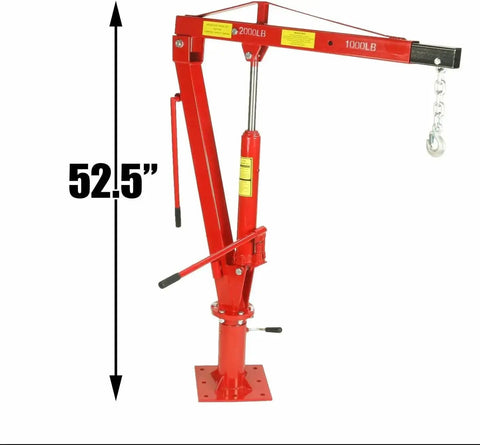 Hydraulic Engine Hoist With Swivel Base And Foldable Davit Design For Pickup Trucks shown at 52.5 inches height with chain hook.