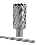 Annular cutter front view with 3/4 in Weldon shank; 1-7/16 in diameter, 2 in depth of cut, pilot pin