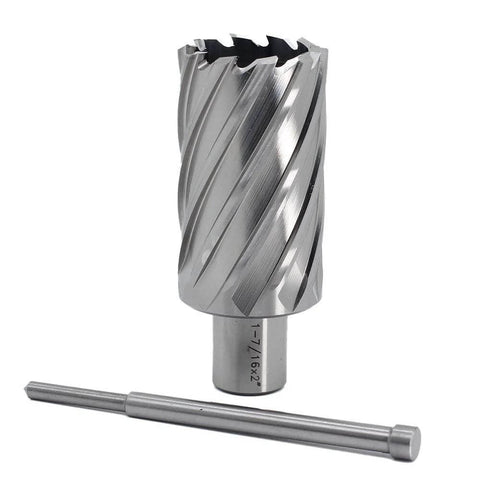 Annular cutter front view with 3/4 in Weldon shank; 1-7/16 in diameter, 2 in depth of cut, pilot pin