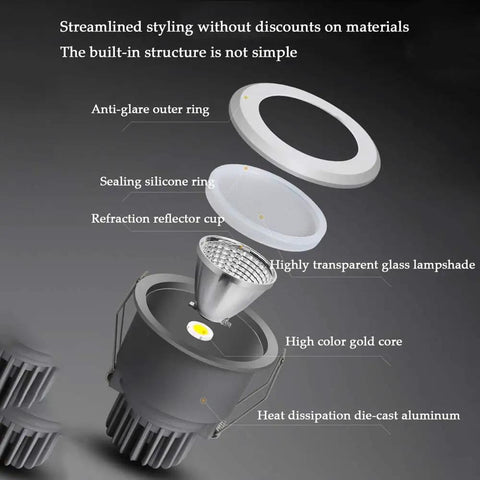 MXJCKSOQ 3CCT 3.5 Inch LED Recessed Lighting Anti-Glare Downlight disassembled view showing aluminum housing and glass lampshade.