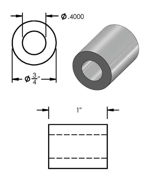 Diagram of Aluminum Spacer Three Quarters Inch OD Three Eighths Inch ID Choose Your Length Unthreaded Round Standoff Bushing