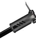 Close-up of the nozzle on a Mountain TT Twin Turbo Bike Pump Delivers Fast No Fuss Double Action Inflation Up To 120 PSI For Presta Schrader.