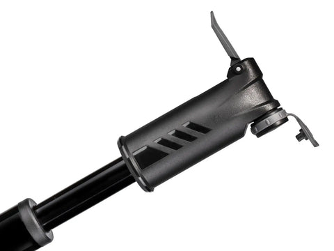 Close-up of the nozzle on a Mountain TT Twin Turbo Bike Pump Delivers Fast No Fuss Double Action Inflation Up To 120 PSI For Presta Schrader.