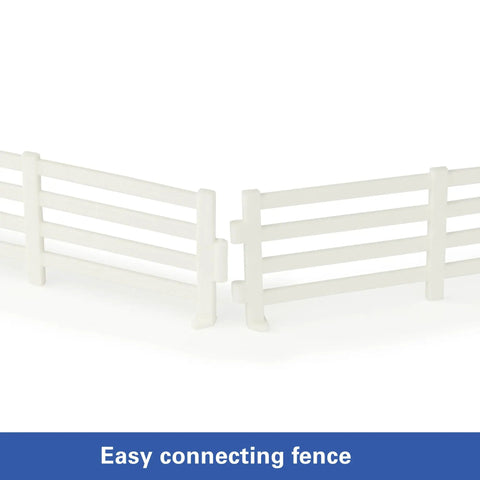 Close-up of white fencing from Skid Steer Farm Toy Playset 1 To 32 Scale Die Cast Metal Construction With Realistic Bobcat Look Includes Farm Animals