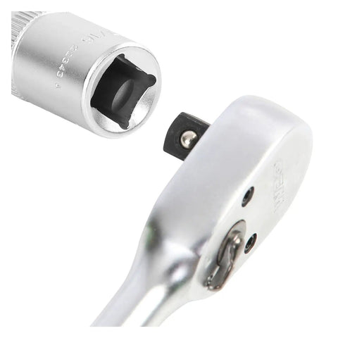 Seven Sixteenths SAE Deep Socket, Three Eighths Inch Drive, Individual Sockets, Thin Wall Deep Well Design For Tight Spots, Reaches Recessed Fasteners, Easy Identification, Hex Automotive Tool showing socket connection with ratchet handle close up