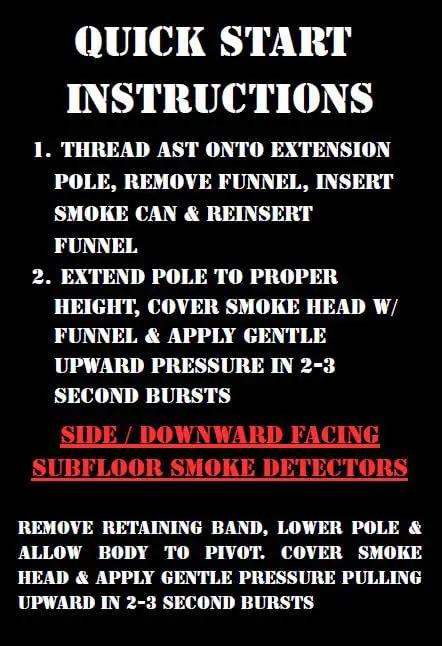 Quick start instructions for Rock Solid Fire Alarm Smoke Detector Test Tool with adjustable extension pole and pivoting head.