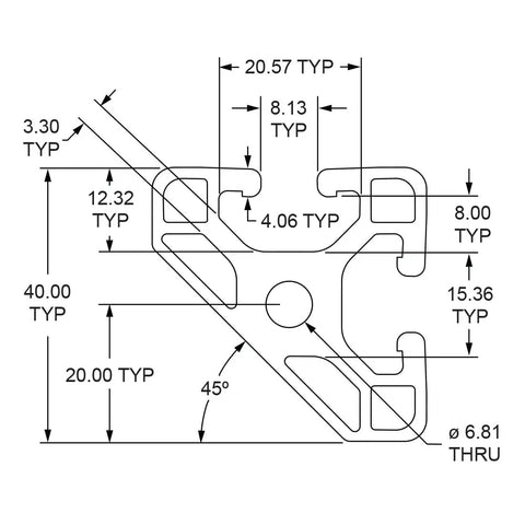 40 Series 40x40 T Slotted Aluminum Extrusion With 45 Degree Quarter Round Arc For DIY Linear Slot Rail And Custom Frame Building Heavy Duty 6063 T6 Aluminum Clear Anodized Finish 305mm Long technical profile drawing
