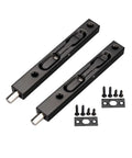 Top Tier Heavy Duty 6 Inch Stainless Steel Door Flush Bolts For Foolproof Sliding Latch Setup With Smooth Brushed Finish And Tucked Edge Mount For Rock Solid Home Protection On Cabinets Or Screen Doors, showing two black latches with hardware.