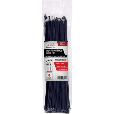 Pack of 100, 11 Inch Black Heavy Duty UV Resistant Nylon Cable Ties 50Lb Tensile Strength visible in a transparent bag