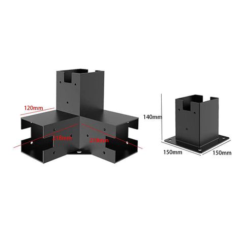 Top Shelf 3 Way Right Angle Corner Brackets And Heavy Duty Post Mounts For No Sweat DIY Pergola Builds complete set with dimensions 218x218x120mm.