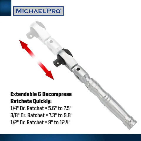 Multi Position Extendable Flex Head Ratchet Set With 72 Tooth Reversible Quick Release showing telescoping handle