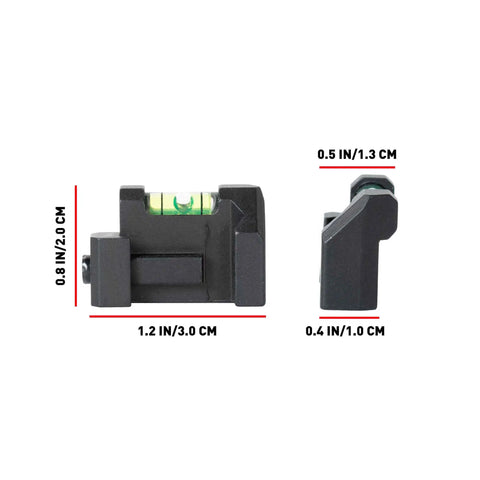Low Profile Picatinny Anti Cant Level Bubble For Rifles Lets You Check Vertical Alignment And Stop Scope Cant Drift For Dead On Accurate Shots For Consistent Long Range Shots shown with dimensions.