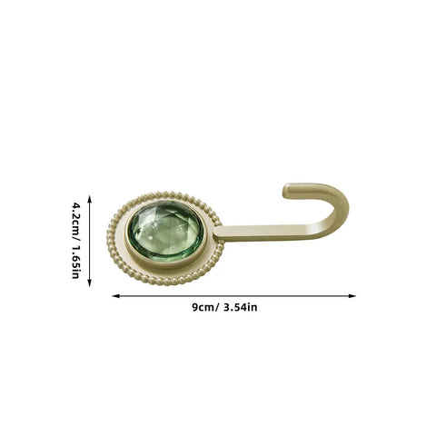 Slick Four Pack Adhesive Wall Hooks For Hanging Towels And Robes With Knockout Grip No Drilling Required Super Quick Mount For Bathroom Kitchen Or Entryway Storage, gold hook with green gem.