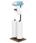 Dope Free Standing Toilet Paper Holder With Storage Shelf In Black And Brown Finish Holds One Dispenser And Up To Six Front Paper Towel Rolls