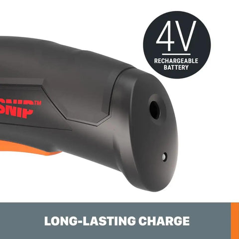 Close-up of Zip Snip Cordless Electric Scissors handle showcasing 4V rechargeable battery with long-lasting charge feature