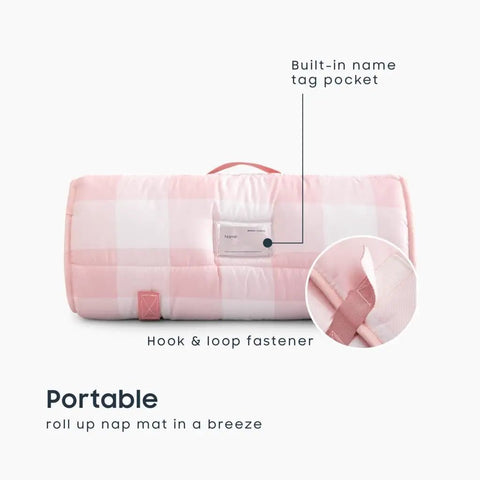 All In One Nap Mat For Kids With Pillow And Blanket Roll Up Sleeping Bag In Gingham Plaid Grid Light Pink And White rolled up view