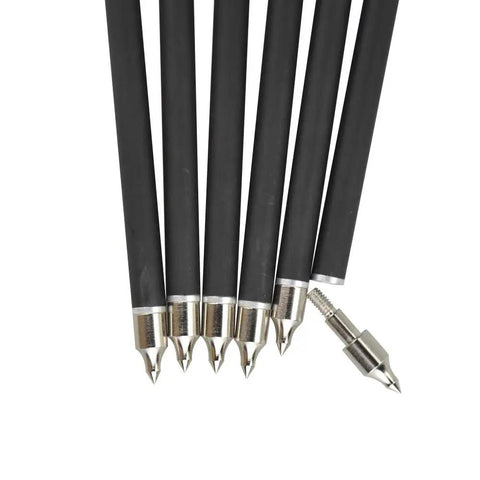 21 Inch Mixed Carbon Crossbow Bolts Arrows With 100 Grain Replaceable Screw In Arrowheads, showing arrowheads and carbon shafts