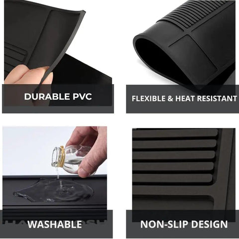 Close-up of Modular Magnetic Barber Mat Set with Five Strong Magnets showing durable PVC, flexible, heat resistant, washable, non-slip design.