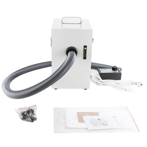 Heavy Duty 550W Dental Lab Dust Extractor With Digital Control Panel And Twin Impeller Pump showing back view and accessories.