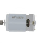 RS550 18V DC Geared Micro Motor Featuring 14 Tooth Spur Gear With Nine Point Five Millimeter Shaft High Torque Brushed Design showing metal shaft and gears.