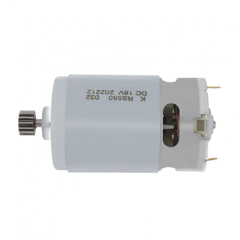 RS550 18V DC Geared Micro Motor Featuring 14 Tooth Spur Gear With Nine Point Five Millimeter Shaft High Torque Brushed Design showing metal shaft and gears.