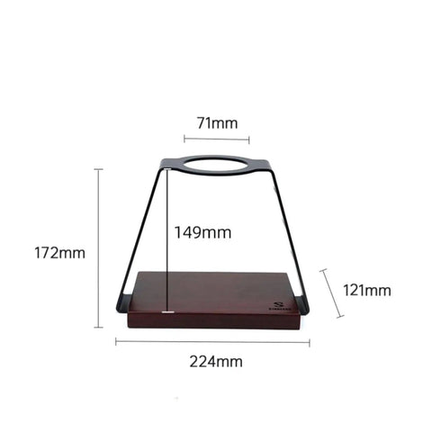 Straight Up Solid Coffee Stand And Dripper Holder Built With Heavy Duty Carbon Steel And Wooden Pedestal Base For Clean Manual Brew Organization That Stays Crisp - front view with dimensions