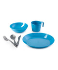 Solo Camp Table Set For One 6 Piece Plastic BPA Free Mess Kit with plate, bowl, cup, and cutlery in Alpine Lake color.