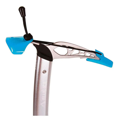 Hummingbird Ice Axe For Ski Mountaineering Ultra Lightweight Titanium Head Aluminum Shaft Ergonomic Grip And Fast Swing Snow Anchor Beast Of A Tool For Ice Climbing And All Weather Alpinism showcasing close-up of titanium head and shaft.