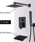 UMJIGF Concealed Shower System Wall Mounted Shower Faucet Set Multifunction Matte Black Shower Combo Set with Square Shower Head, Handheld Shower, Waterfall Tub Spout, 8 Inch, 3-way features.