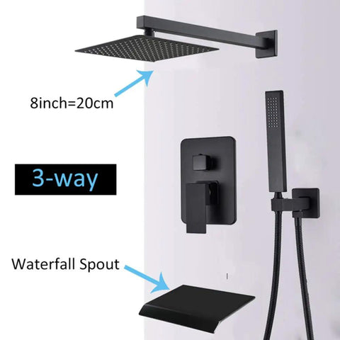UMJIGF Concealed Shower System Wall Mounted Shower Faucet Set Multifunction Matte Black Shower Combo Set with Square Shower Head, Handheld Shower, Waterfall Tub Spout, 8 Inch, 3-way features.