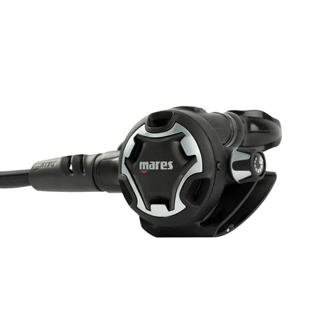 Side view of Dual Adjustable 62X Scuba Regulator Set With 1st And 2nd Stage Underwater Breathing System Black Intl Regulator Connection