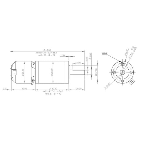 Technical diagram of Thor 2830 Planetary Gear Brushless Motor Outrunner 18V Powerhouse With 380W Peak, 10 Nm Torque, 28mm Gearbox.
