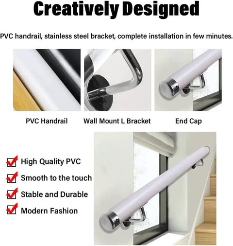 No-Nonsense Non-Slip PVC Handrail For Front Steps And Backyard Patios, Heavy Duty Wall Mount Banister With Beefy Steel Brackets, 14.7 Foot White Railing showing installation details and components.