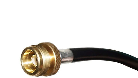 Close-up of brass fitting on 4 Feet Propane Adapter Hose 1 Lb To 20 Lb Converter For QCC1 Type1 Tank