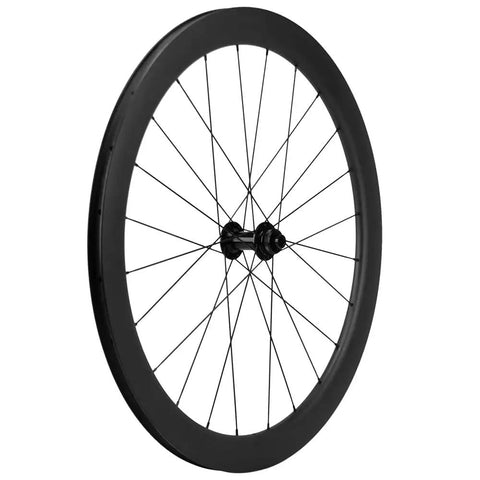 Side view of Carbon Disc Wheelset 50C-25 Clincher Road Wheels UD Matte Finish Six Bolt 12x100 Front for aerodynamic performance.