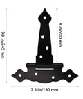Eight Inch Heavy Duty Hinges For Shed Doors And Barn Doors Pack Of Four Decorative Wood Fence Hinges, black metal with dimensions shown