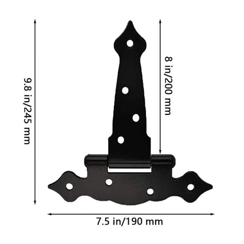 Eight Inch Heavy Duty Hinges For Shed Doors And Barn Doors Pack Of Four Decorative Wood Fence Hinges, black metal with dimensions shown