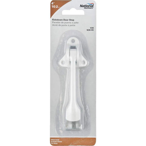 Kickdown Door Stop in white with heavy duty die cast zinc body, upward lock, ribbed rubber foot in retail packaging