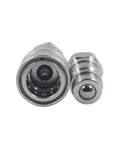 Two silver 1/2 in NPT ISO5675 hydraulic quick-connect couplers with dust caps