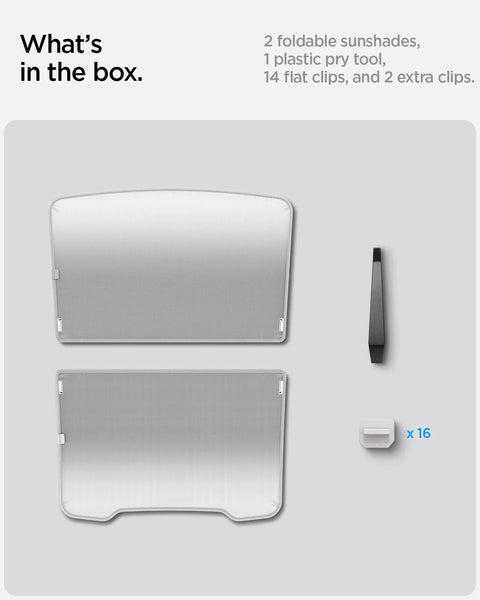 Spigen CryoShade roof sunshade set for Tesla Model Y, Juniper: two foldable sunshades, pry tool, 16 clips