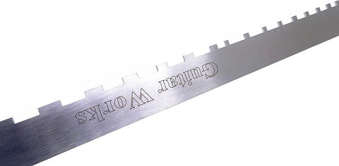 Close-up of notched straight edge from 4 Piece Guitar Luthier Tools Set With Notched Straight Edge, String Action Gauge, Fret Rocker, And Fret Leveling Beam