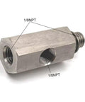 Stainless steel 1/8 NPT oil pressure sensor tee adapter with two female ports and a male end