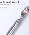 Close-up of router bit, silver metal, 1/8 in shank, up-cut single O-flute