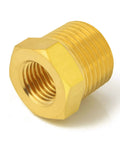 Solid brass reducer bushing 1in to 1/4in NPT adapter fitting for heavy-duty plumbing and air line setups, sold in a pack of two.