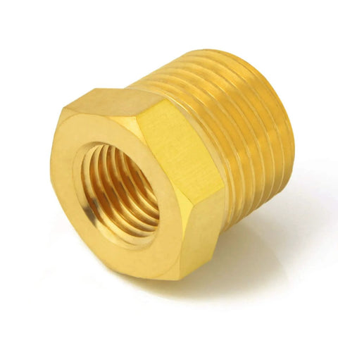 Solid brass reducer bushing 1in to 1/4in NPT adapter fitting for heavy-duty plumbing and air line setups, sold in a pack of two.
