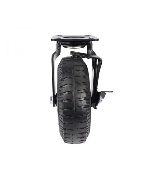 Beefy Heavy Duty 8 Inch Pneumatic Rubber Caster Wheel Straight Up Built Tough With Commercial Side Brake for luggage cart, close-up view.
