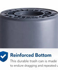 Reinforced bottom of 55 Gallon Black Round Commercial Trash Can With Lid And Dolly Built Tough Heavy Duty Food Grade NSF Certified.